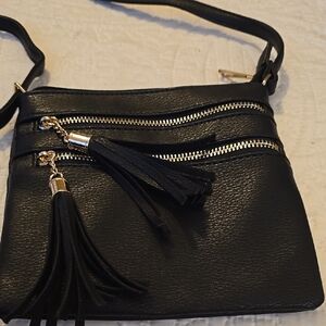 Black and Gold Textured Crossbody Bag with Tassels